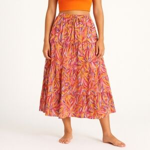 India Cotton Orange Yellow Tiered Red Purple Cotton Midi Skirt Medium